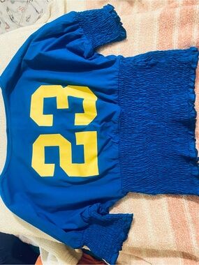 Blue Smocked Top with Yellow Number Graphic